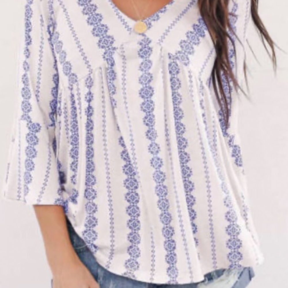 (NEW) WHITE AND BLUE BABY DOLL TOP